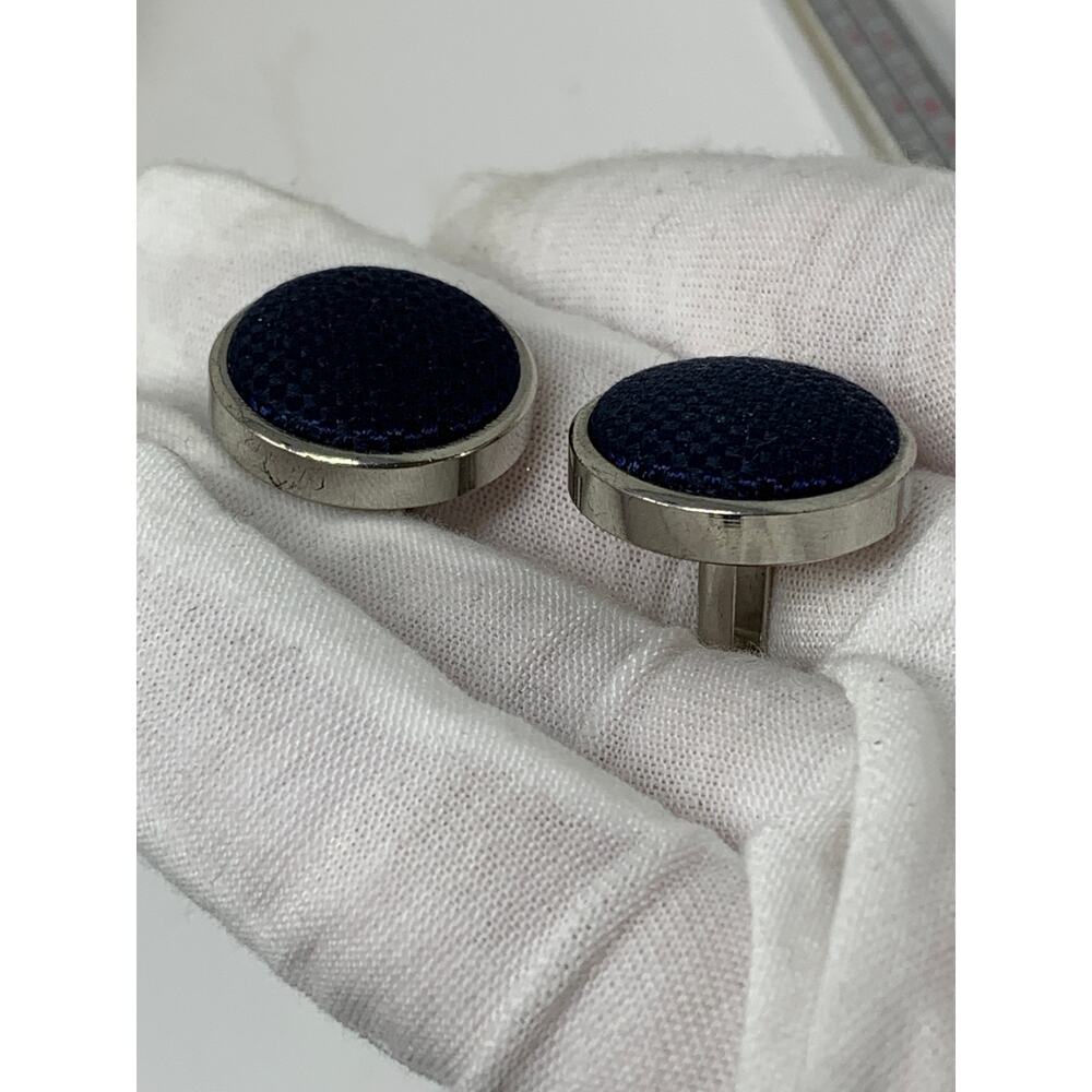 Woven Navy Fabric With Silvertone Hardware Cufflinks Set